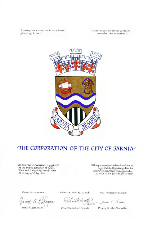 Lettres patentes concédant des emblèmes héraldiques à The Corporation of the City of Sarnia