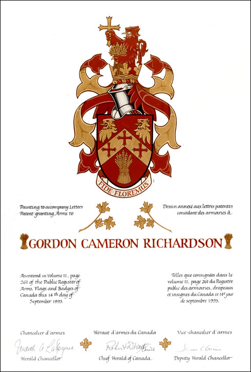 Lettres patentes concédant des emblèmes héraldiques à Gordon Cameron Richardson