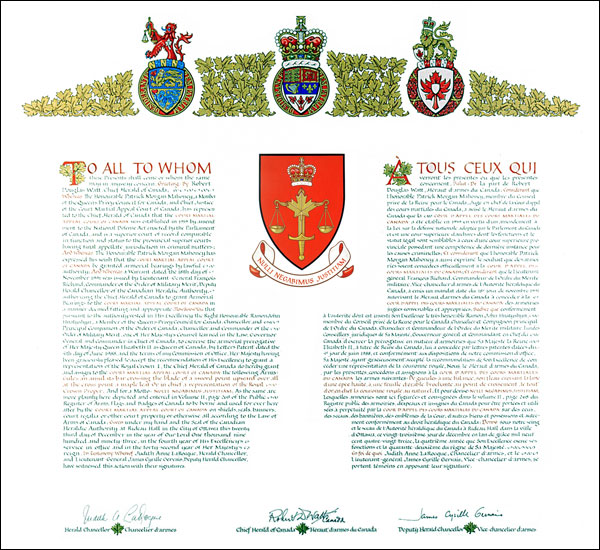 Letters patent granting heraldic emblems to the Court Martial Appeal Court of Canada