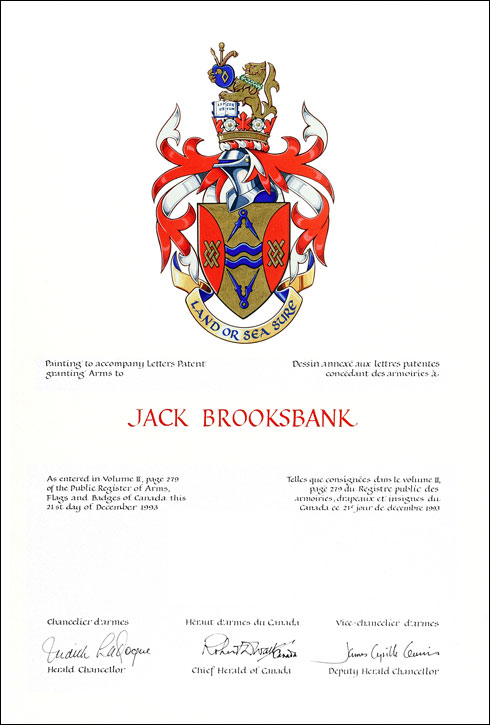 Lettres patentes concédant des emblèmes héraldiques à Jack Brooksbank