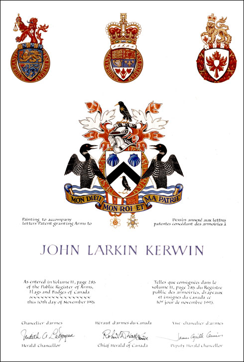 Lettres patentes enregistrant les emblèmes héraldiques de John Larkin Kerwin