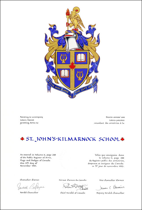 Lettres patentes concédant des emblèmes héraldiques à la St. John's-Kilmarnock School