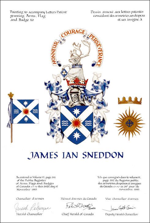 Letters patent granting heraldic emblems to James Ian Sneddon