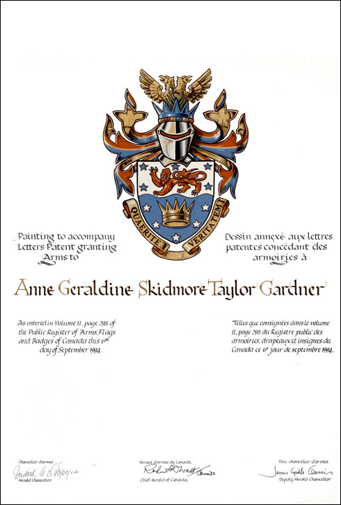 Letters patent granting heraldic emblems to Anne Geraldine Skidmore Taylor Gardner