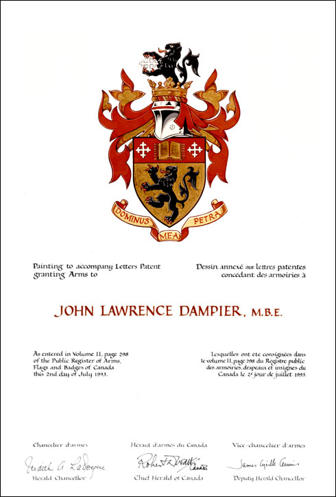 Lettres patentes concédant des emblèmes héraldiques à John Lawrence Dampier