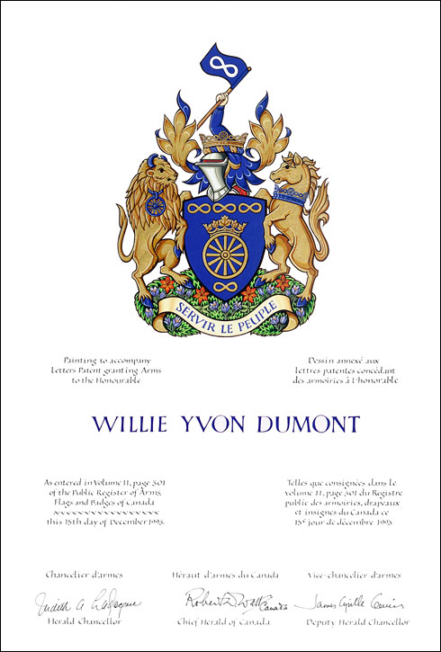 Letters patent granting heraldic emblems to Willie Yvon Dumont