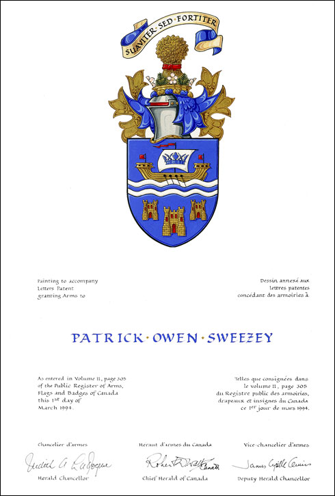 Lettres patentes concédant des emblèmes héraldiques à Patrick Owen Sweezey