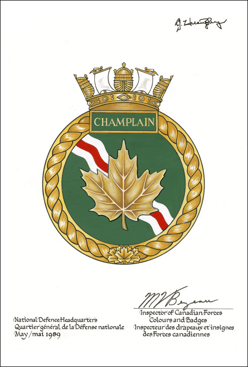 Letters patent approving the Badge of HMCS Champlain