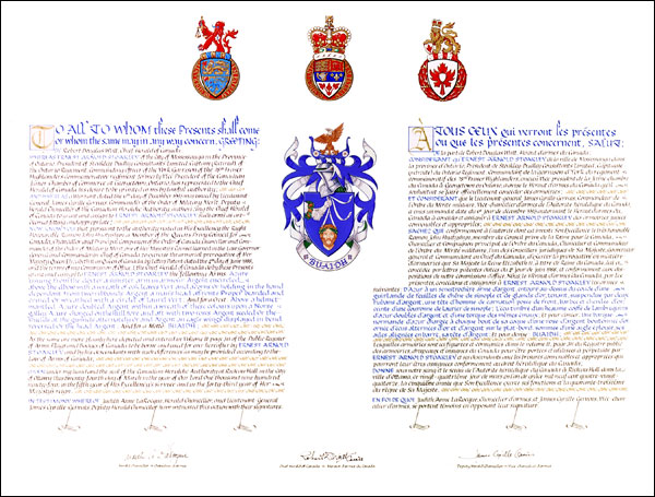 Letters patent granting heraldic emblems to Ernest Arnold Stoakley