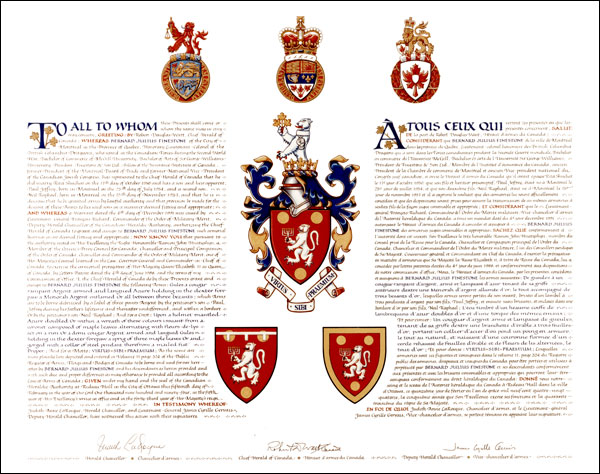 Letters patent granting heraldic emblems to Bernard Julius Finestone