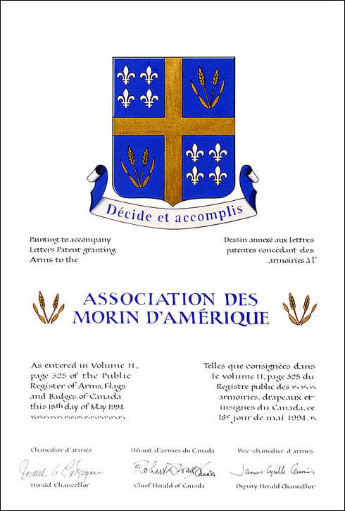 Letters patent granting heraldic emblems to the Association des Morin d'Amérique