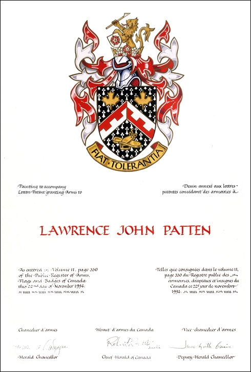 Lettres patentes concédant des emblèmes héraldiques à Lawrence John Patten