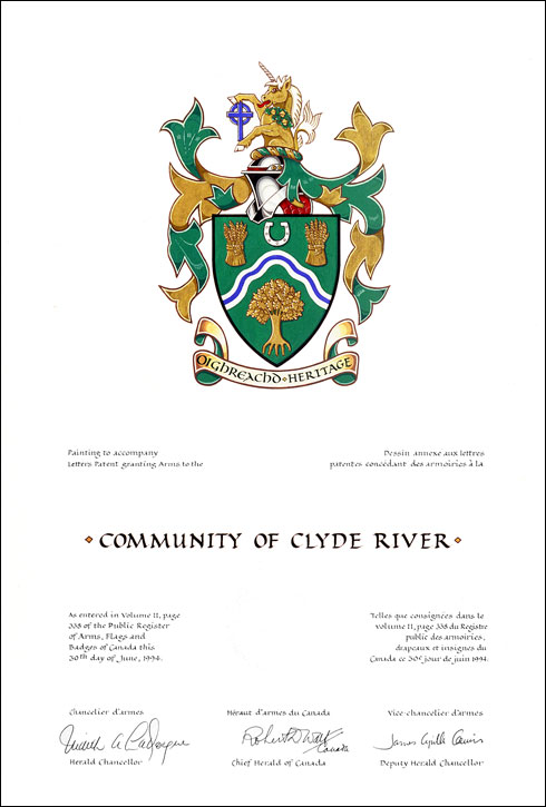 Letters patent granting heraldic emblems to the Community of Clyde River