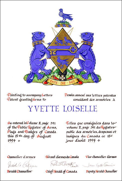 Lettres patentes concédant des emblèmes héraldiques à Yvette Loiselle