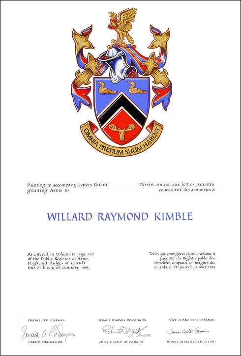 Lettres patentes concédant des emblèmes héraldiques à Willard Raymond Kimble