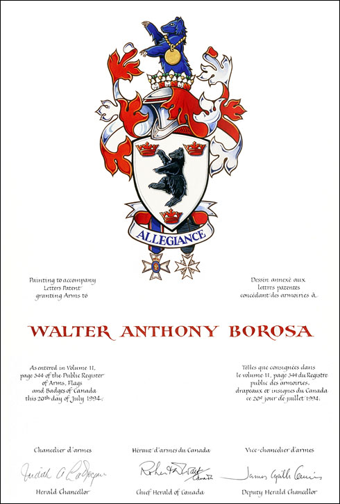 Lettres patentes concédant des emblèmes héraldiques à Walter Anthony Borosa