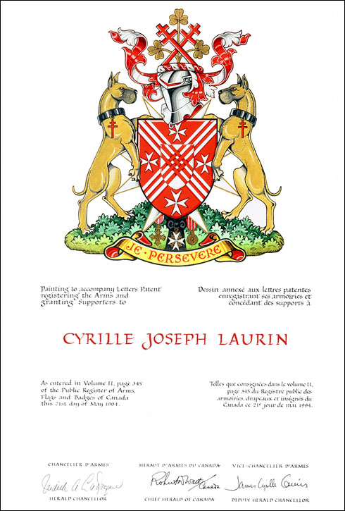 Lettres patentes enregistrant les emblèmes héraldiques de Cyrille Joseph Laurin