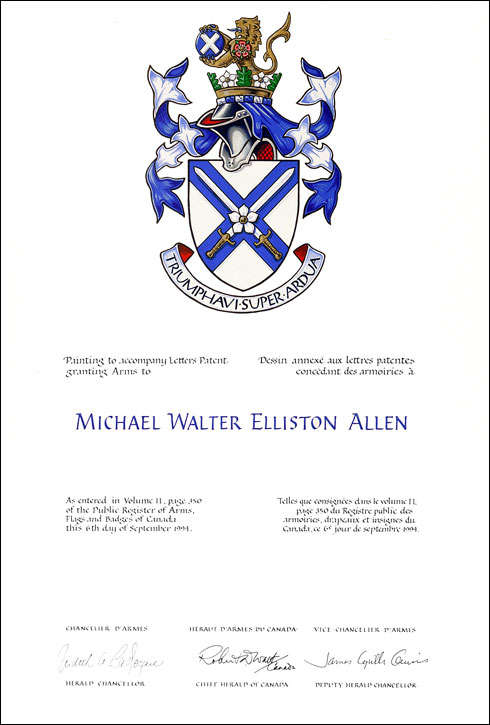 Lettres patentes concédant des emblèmes héraldiques à Michael Walter Elliston Allen