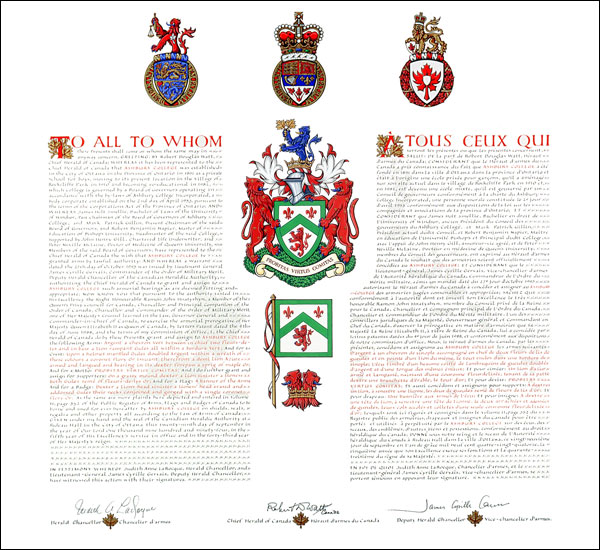 Letters patent granting heraldic emblems to Ashbury College