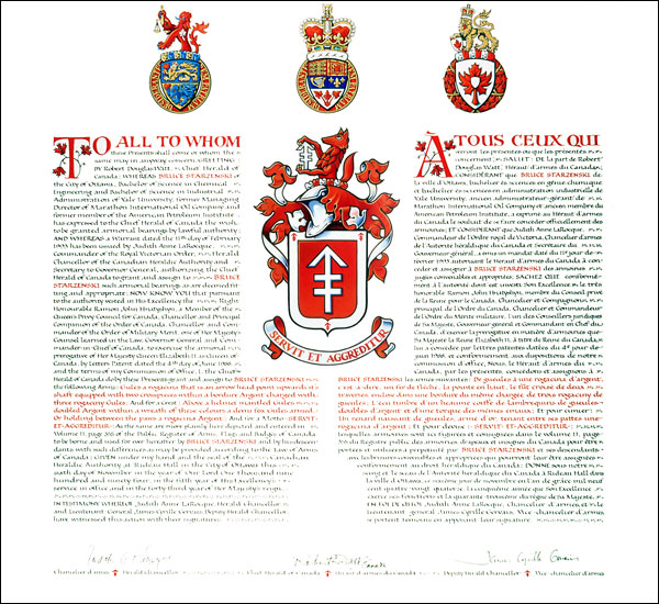 Letters patent granting heraldic emblems to Bruce Starzenski