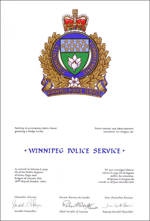 Letters patent granting a Badge to the Winnipeg Police Service