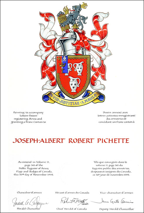 Lettres patentes concédant des emblèmes héraldiques à Joseph-Albert Robert Pichette