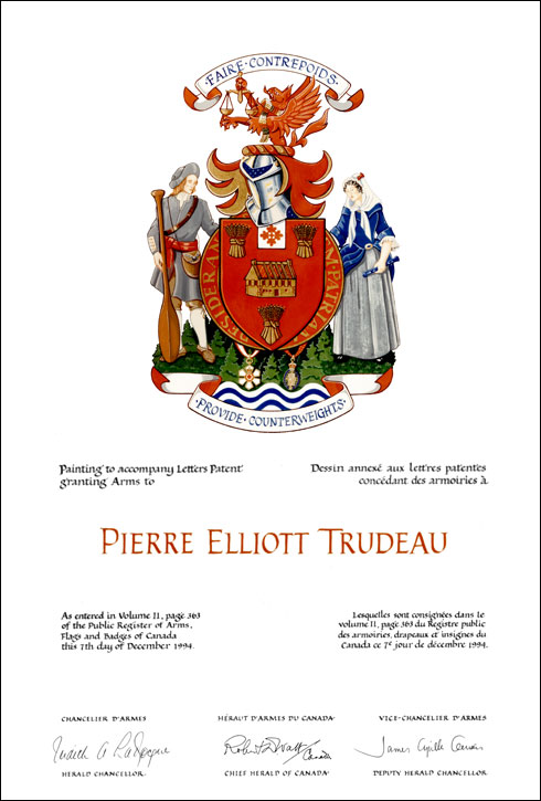 Letters patent granting heraldic emblems to Pierre Elliott Trudeau