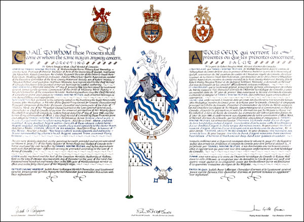 Letters patent granting heraldic emblems to Daniel Wayne Peltier