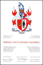 Letters patent granting heraldic emblems to Myroslaw Ivan de Semyhorod Welyhorskyj