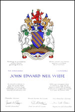 Letters patent granting heraldic emblems to John Edward Neil Wiebe