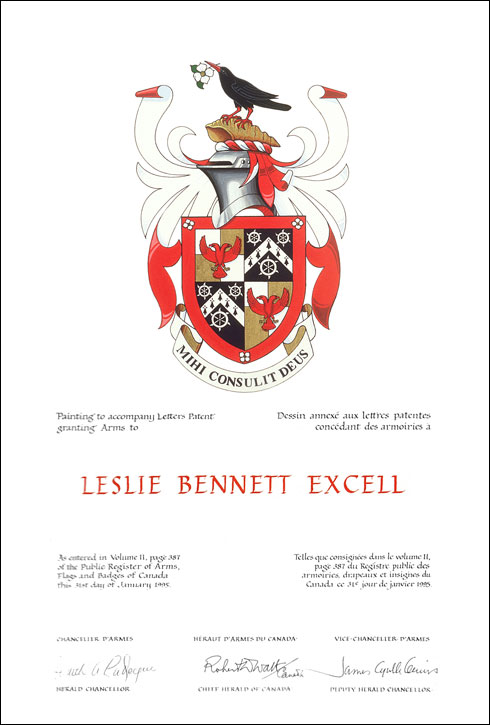 Letters patent granting heraldic emblems to Leslie Bennett Excell