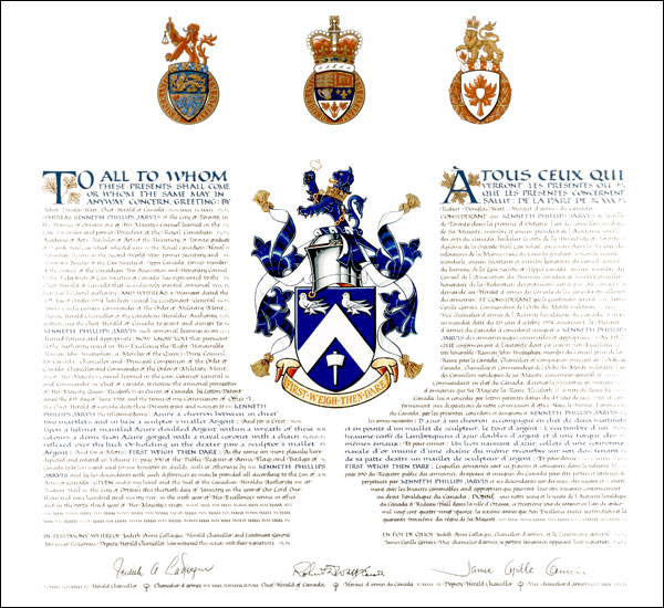 Letters patent granting heraldic emblems to Kenneth Phillips Jarvis