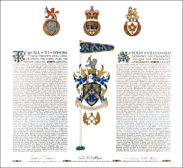 Letters patent granting heraldic emblems to David Patrick Joseph Tysowski