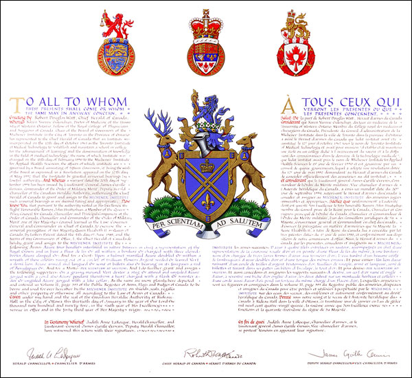 Letters patent granting heraldic emblems to the Michener Institute