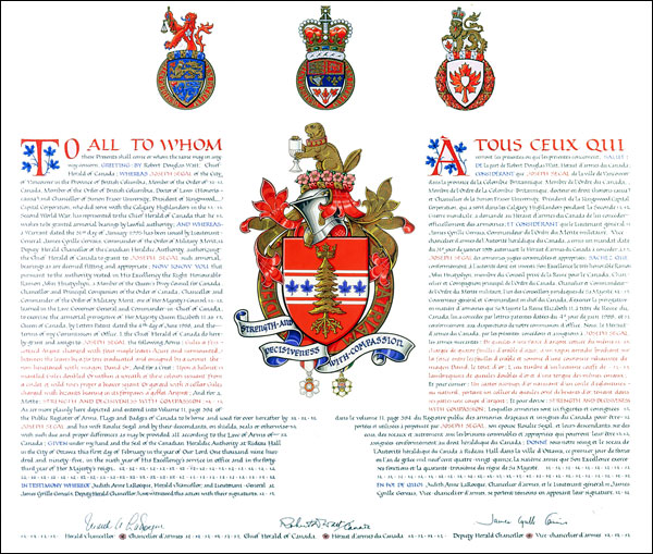 Letters patent granting heraldic emblems to Joseph Segal