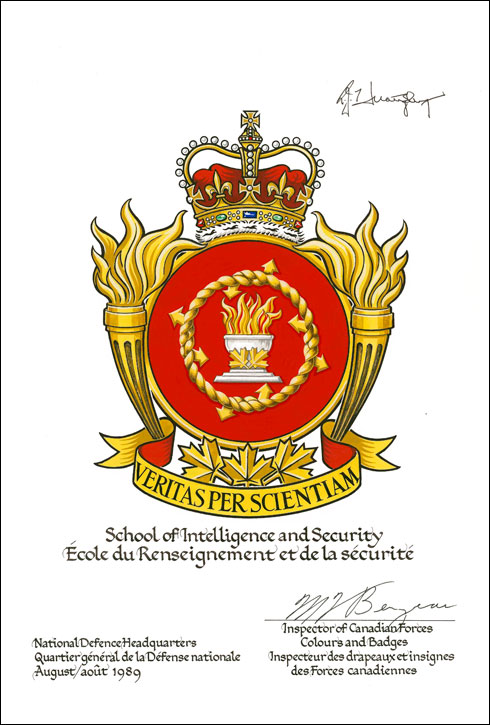 Letters patent approving the Badge of the Canadian Forces School of Intelligence and Security