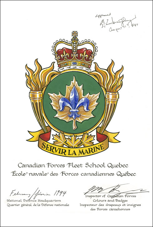 Letters patent approving the Badge of the Canadian Forces Fleet School Quebec