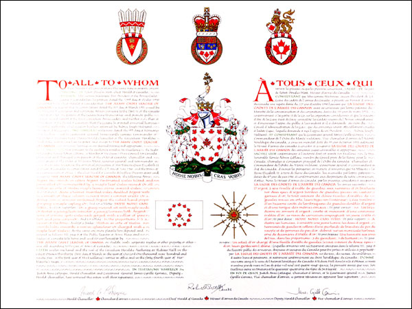 Letters patent granting heraldic emblems to The Army Cadet League of Canada