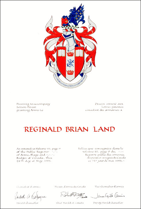 Lettres patentes concédant des emblèmes héraldiques à Reginald Brian Land