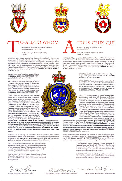 Letters patent granting heraldic emblems to the Waterloo Regional Police Service