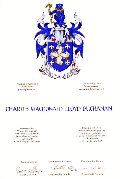 Letters patent granting heraldic emblems to Charles Macdonald Lloyd Buchanan