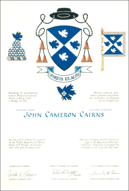 Letters patent granting heraldic emblems to John Cameron Cairns