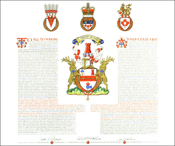 Lettres patentes enregistrant les emblèmes héraldiques d'Alan Aylesworth Macnaughton