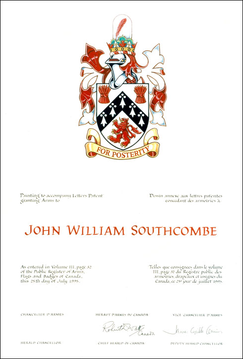 Lettres patentes concédant des emblèmes héraldiques à John William Southcombe