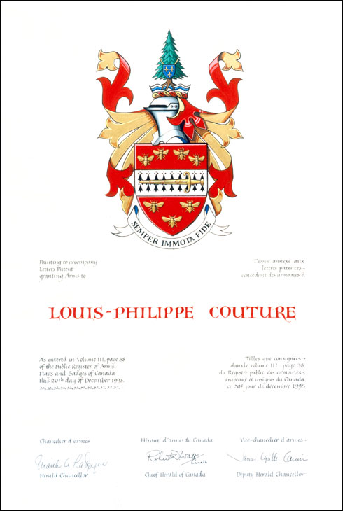 Lettres patentes concédant des emblèmes héraldiques à Louis-Philippe Couture