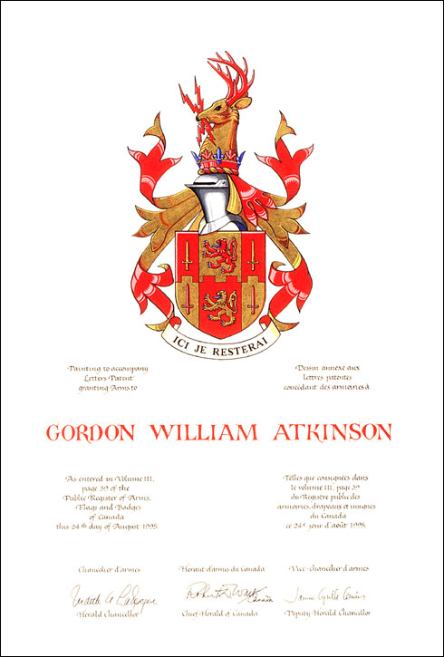 Lettres patentes concédant des emblèmes héraldiques à Gordon William Atkinson