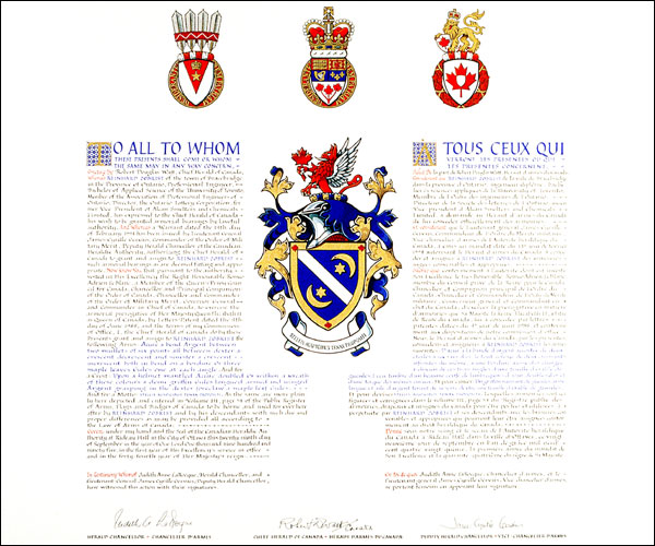 Letters patent granting heraldic emblems to Reinhard Zobrist