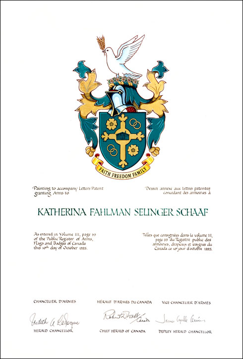 Lettres patentes concédant des emblèmes héraldiques à Katherina Fahlman Selinger Schaaf