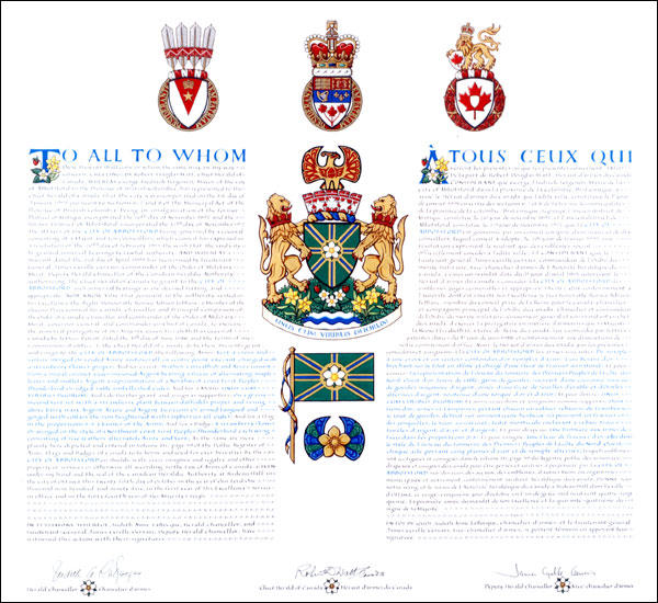 Letters patent granting heraldic emblems to the City of Abbotsford