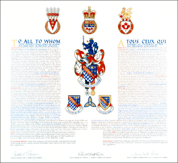 Letters patent registering the heraldic emblems of Alaric John Martin Woodrow